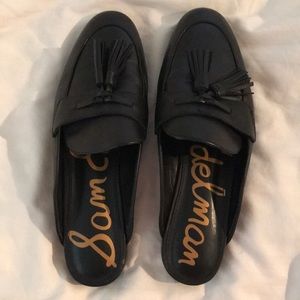 Sam Edelman black leather tassel mules